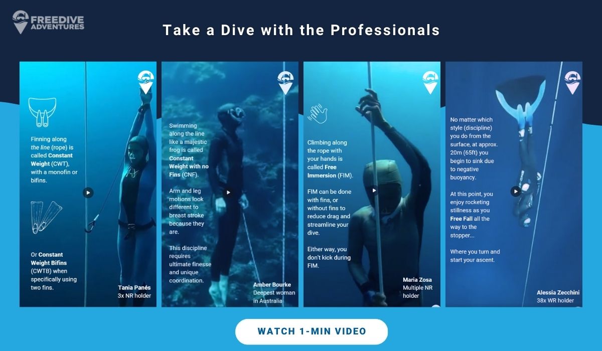 Demonstration of world record freediving styles with Tania panez, maria zosa, amber bourke, alessia zecchini